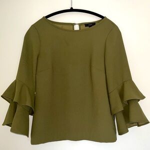 ✅ J Crew Tiered bell-sleeve top in drapey crepe- olive green